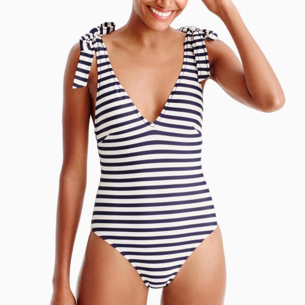 J.Crew Swimsuit Navy /White Striped Self Tie Shoulder Straps Sz 8